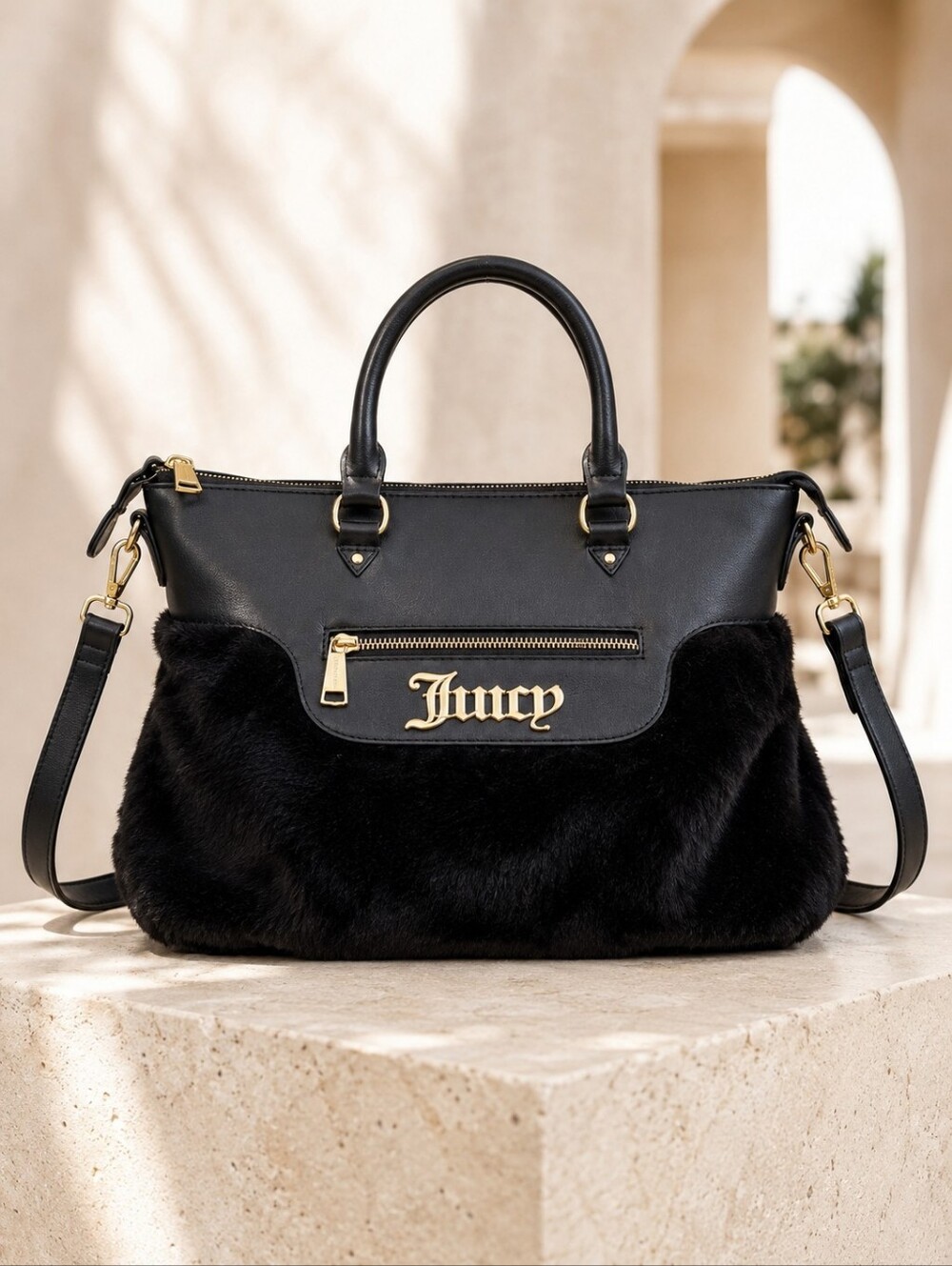 Juicy Couture Black Faux Fur Satchel Shoulder Bag Y2K Removable Strap